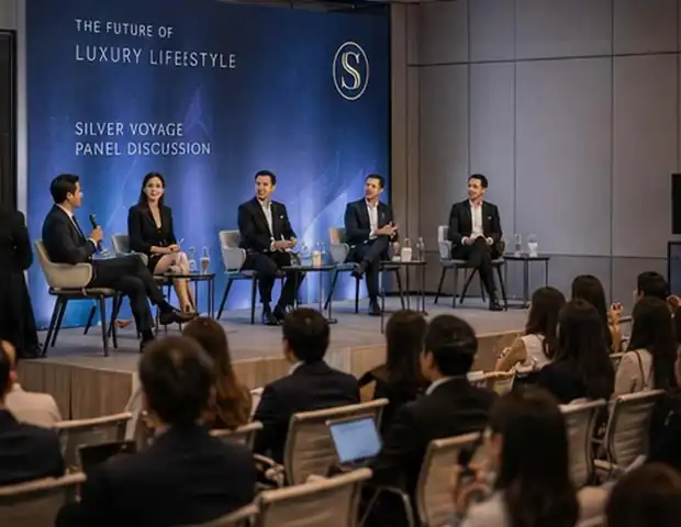 Speakers at a panel discussion in front of an audience