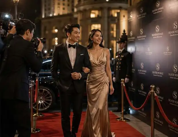 Guests arriving on a red carpet at an evening event
