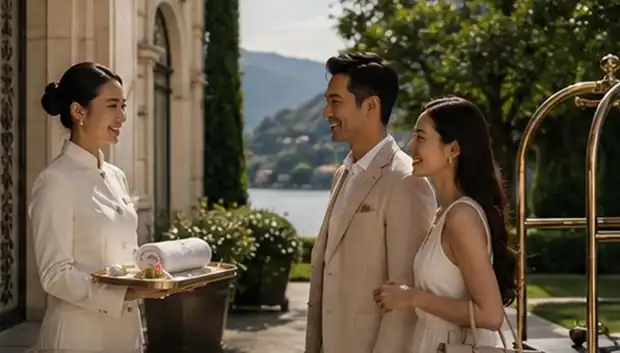 A Silver Voyage butler serving guests at a private villa