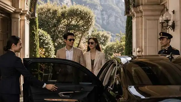 A chauffeur-driven limousine waiting at the kerb