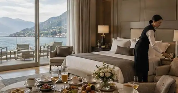 A luxury hotel suite overlooking the sea