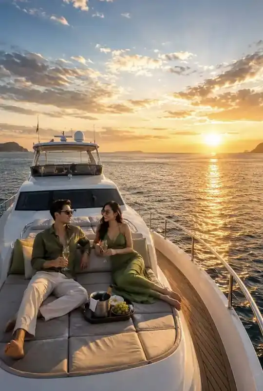 A private yacht at anchor on open water